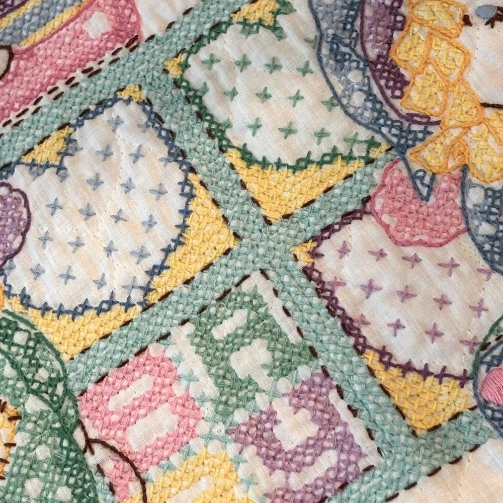 Vintage Clown Cross Stitched Baby Quilt. Blanket| Sweet Dreams |Pastel 39.5x28.5